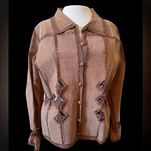Vintage Carducci Suede Pieced Jacket with Crochet Accents Sz M, Lt Brown